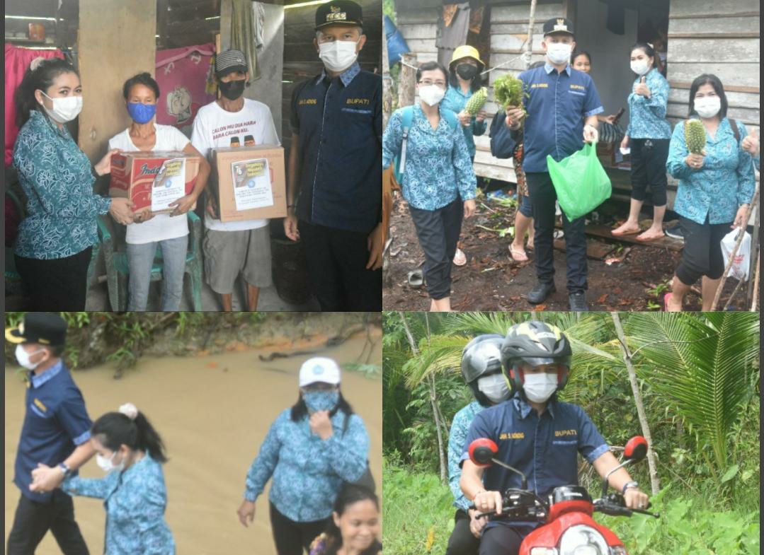 Tim Penggerak PKK Kabupaten Gunung Mas Mimie Mariatie Jaya Samaya Monong berbagi kasih berupa sembako 12 paket dalam rangka HUT RI ke-76, kepada warga kurang mampu di Kelurahan Kurun dan Kelurahan Tampang Tumbang Anjir, Selasa (17/8/2021)