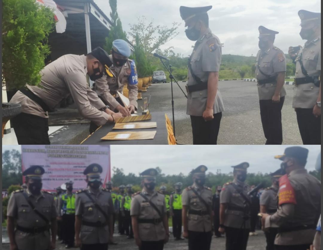 Serah terima jabatan (sertijab) Kabag SDM Polres Gunung Mas, Kasat Reskrim Polres Gunung Mas dan Kasat Lantas Polres Gunung Mas yang berlangsung di halaman apel Polres Gunung Mas, Kamis (19/8/2021)