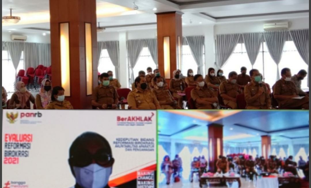 Pemkab Mura dalam rangka kegiatan evaluasi reformasi birokrasi yang diikuti oleh semua SOPD terkait di lingkup Pemerintahan Kabupaten Murung Raya secara virtual yang berlangsung dilaksanakan di Aula Setda Ged. B Lt. II Kantor Bupati Murung Raya Jl. Letjend Soeprapto No. 01 Puruk Cahu, Selasa (7/9/2021) kemarin