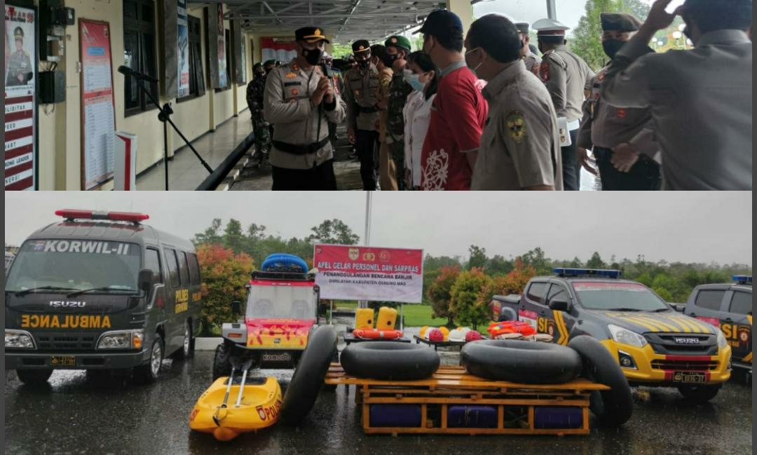 Apel Kesiapan Pergelaran Personel serta Sarana dan Prasarana (Sarpras) dalam rangka menghadapi bencana banjir di wilayah hukum Polres Gunung Mas, Selasa (2/11/2021)