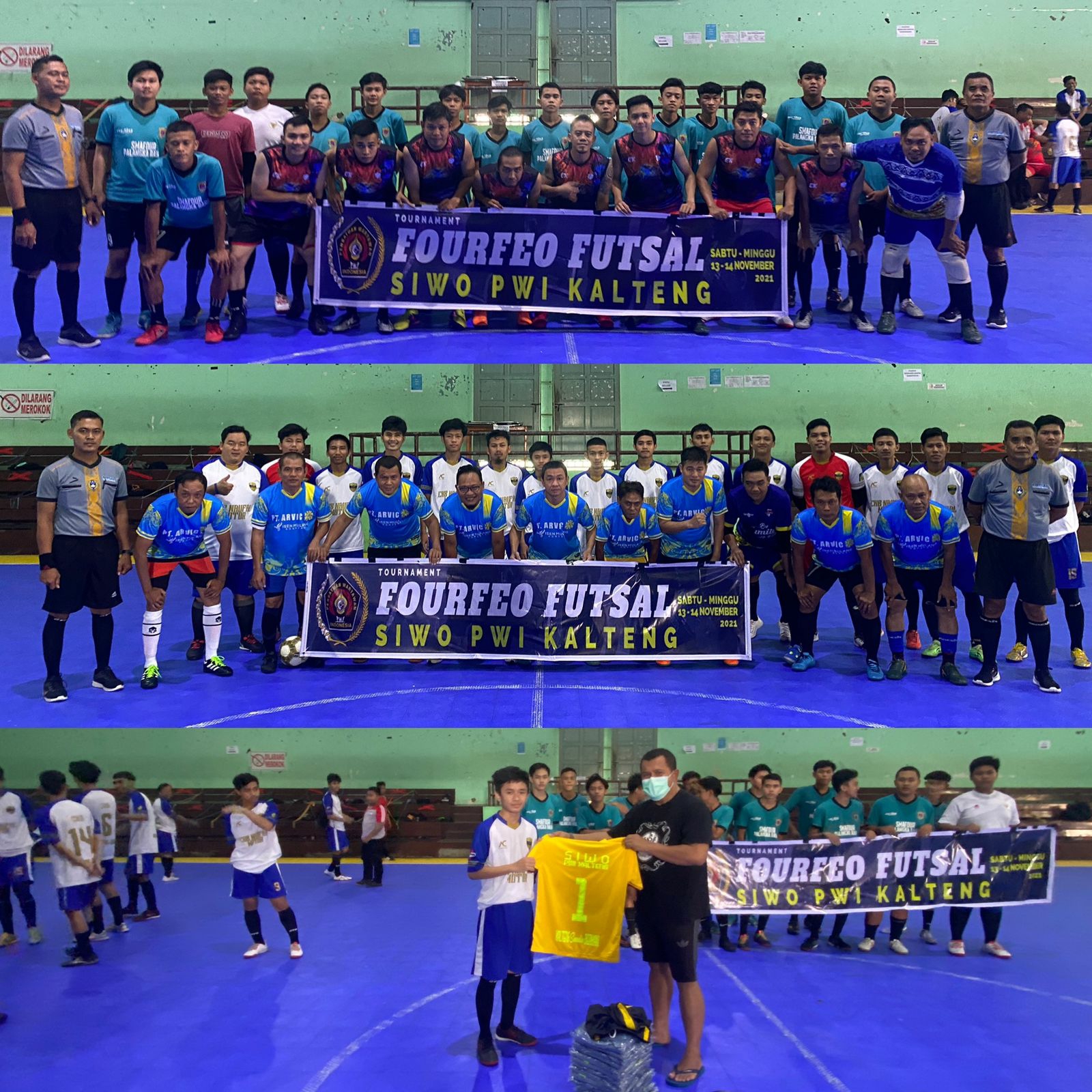 Fourfeo futsal. Sekretaris SIWO PWI Kalteng Indar Saksena, menyerahkan bantuan kaos tim untuk tim CKB Naufal dan SMA 4, dalam ajang Fourfeo Siwo PWI Kalteng, Sabtu (13/11/2021) di Gor KONI, Palangka Raya