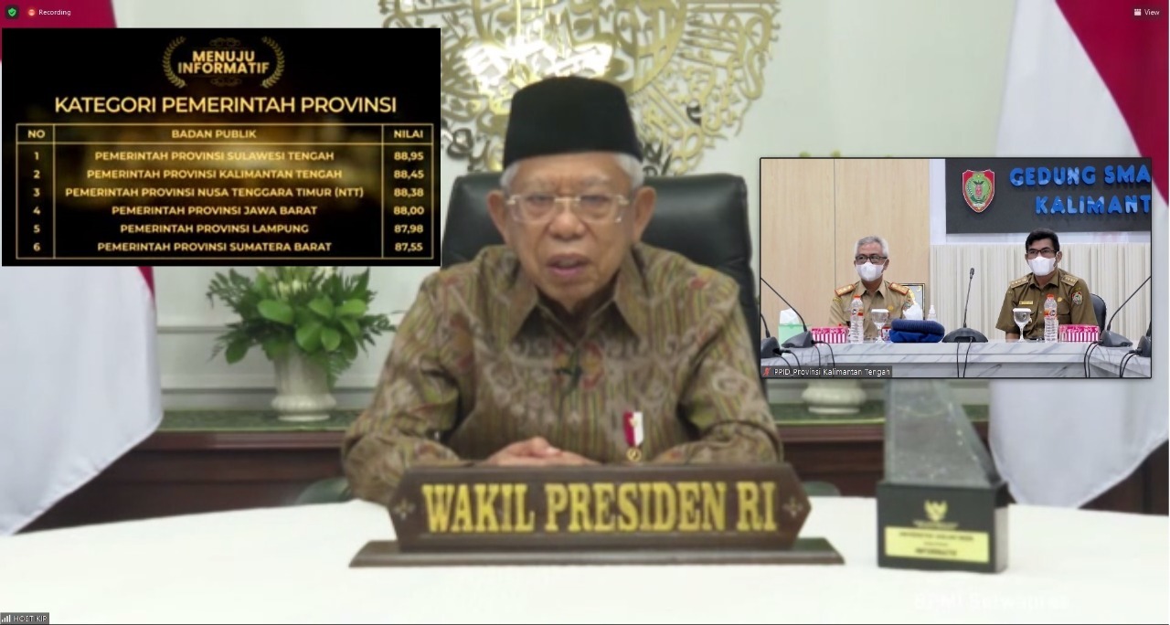 Staf ahli Gubernur Kalteng, Herson Barthel Aden didampingi Plt. Kepala Dinas Kominfosantik Provinsi Kalteng, Agus Siswadi saat menghadiri secara virtual Penganugerahan Keterbukaan Informasi Publik Tahun 2021