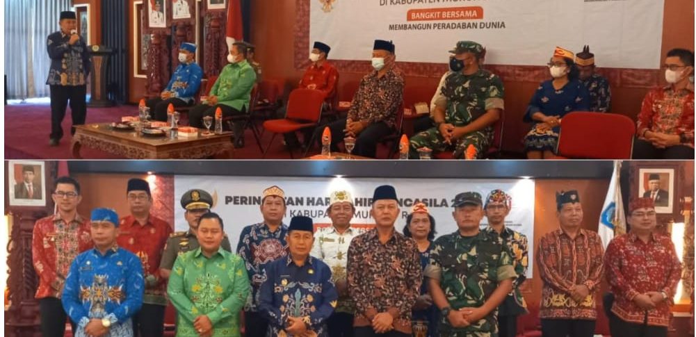 Wakil Bupati Murung Raya Rejikinoor saat bersama unsur Forkopimda dan kepala perangkat Daerah bersama-sama mengikuti upacara peringatan hari lahir Pancasila di aula B kantor Bupati, (1/6/2022)