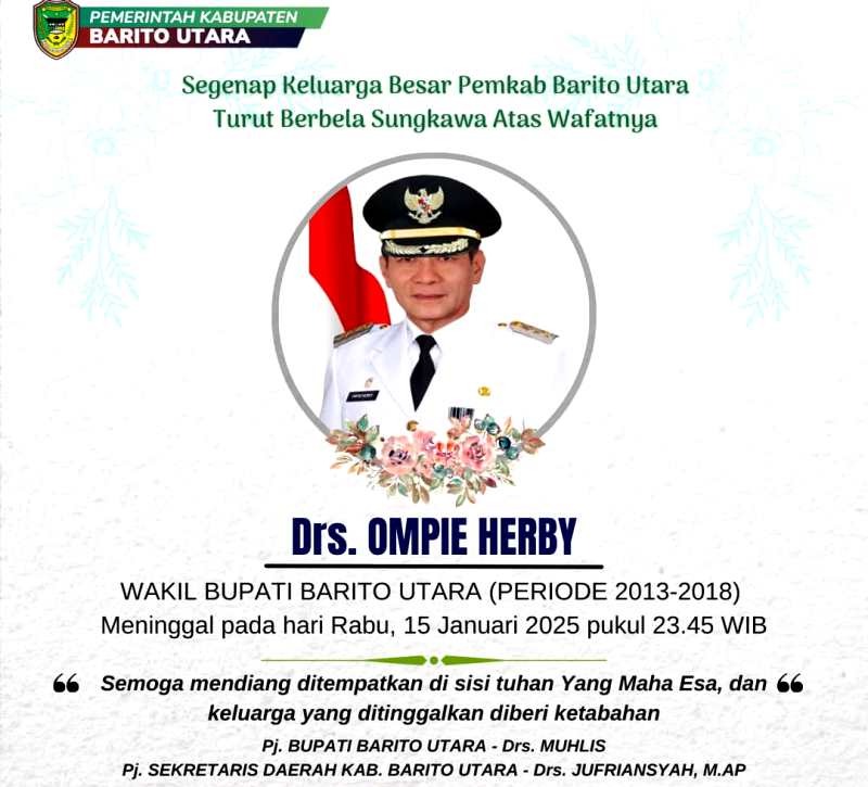 “Atas nama Pemerintah Kabupaten Barito Utara, kami menyampaikan belasungkawa yang mendalam atas berpulangnya Bapak Drs. Ompie Herby. Semoga almarhum diberikan tempat terbaik di sisi Tuhan Yang Maha Esa, dan keluarga yang ditinggalkan diberi ketabahan,” demikian pernyataan resmi dari Pemkab Barito Utara.